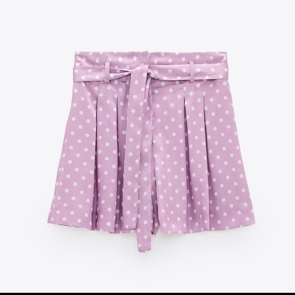 New Zara Polka Dot High Waist Flowy Satin Belted Paperbag Lilac Shorts NWT Small - Picture 2 of 13